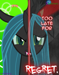 Size: 599x767 | Tagged: safe, artist:ponychaos13, queen chrysalis, changeling, changeling queen, female, happy, regret, sad, scared, smiling, solo, split screen, two sided posters