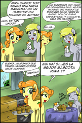 Size: 728x1098 | Tagged: safe, artist:ciriliko, artist:innuendo88, carrot top, derpy hooves, golden harvest, hamster, pegasus, pony, comic, creeper, female, mare, nom, pet, spanish, translation