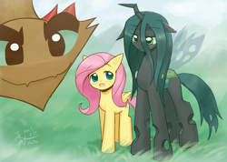 Size: 1512x1075 | Tagged: safe, artist:howxu, fluttershy, queen chrysalis, changeling, changeling queen, hydra, pegasus, pony, cute, cutealis, female, former queen chrysalis, mare, shyabetes, smiling, trio