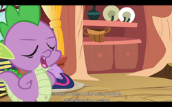 Size: 1024x640 | Tagged: safe, derpibooru import, screencap, spike, twilight sparkle, dragon, spike at your service, male, youtube caption