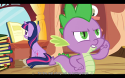 Size: 1024x640 | Tagged: safe, derpibooru import, screencap, spike, twilight sparkle, dragon, pony, unicorn, spike at your service, female, male, mare, youtube caption