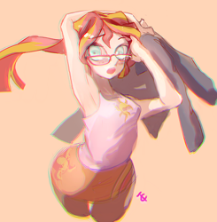 Size: 800x815 | Tagged: safe, artist:tc, sunset shimmer, human, armpits, blushing, glasses, humanized, solo