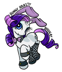 Size: 810x941 | Tagged: safe, artist:bunina, rarity, pony, unicorn, bowtie, bunny ears, bunny suit, clothes, cute, female, fishnet stockings, mare, playboy bunny, raribetes, signature, simple background, solo, text, white background