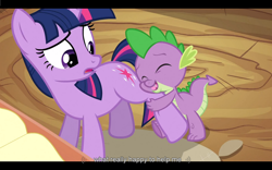 Size: 1024x640 | Tagged: safe, derpibooru import, edit, edited screencap, screencap, spike, twilight sparkle, dragon, pony, unicorn, spike at your service, caption, female, hug, leg hug, male, mare, youtube caption