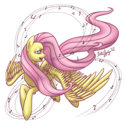 Size: 800x800 | Tagged: safe, artist:fallenzephyr, fluttershy, pegasus, pony, flying, music, singing, solo