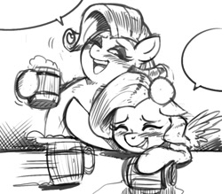 Size: 922x808 | Tagged: safe, artist:kevinsano, fluttershy, rarity, pegasus, pony, unicorn, cider, drunk, grayscale, monochrome