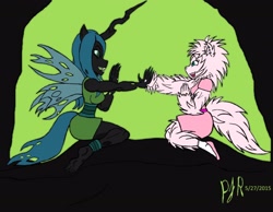 Size: 2162x1682 | Tagged: safe, artist:teamavalanchemember2, queen chrysalis, oc, oc:fluffle puff, anthro, changeling, changeling queen, earth pony, plantigrade anthro, anthro oc, barefoot, breasts, canon x oc, chrysipuff, cute, cutealis, dork, dorkalis, feet, female, fluffy, happy, lesbian, playing, shipping, simple background