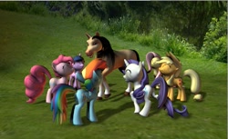 Size: 1007x615 | Tagged: safe, artist:hectorny, derpibooru import, applejack, fluttershy, pinkie pie, rainbow dash, rarity, twilight sparkle, earth pony, horse, pegasus, pony, unicorn, 3d, horse-pony interaction, mane six