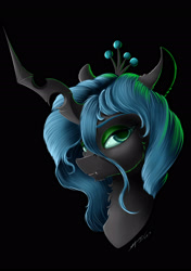 Size: 1900x2700 | Tagged: safe, artist:skitsroom, queen chrysalis, changeling, changeling queen, black background, fangs, female, looking at you, simple background, solo