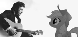 Size: 680x329 | Tagged: safe, applejack, human, pony, black and white, grayscale, irl, johnny cash, meet up, photo, ponies in real life, singing, vector