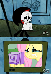 Size: 477x689 | Tagged: safe, fluttershy, pegasus, pony, cartoon network, exploitable meme, fluttercry, grim, inception, meme, the grim adventures of billy and mandy, tv meme