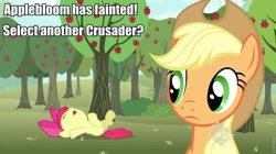 Size: 680x381 | Tagged: safe, edit, edited screencap, screencap, apple bloom, applejack, earth pony, pony, the super speedy cider squeezy 6000, duo, hub logo, on back, passed out, pokémon, underhoof