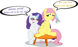 Size: 1735x1057 | Tagged: safe, artist:mrponiator, fluttershy, rarity, pegasus, pony, unicorn, alternate hairstyle, bobcut, dialogue, glasses, makeover, simple background, transparent background