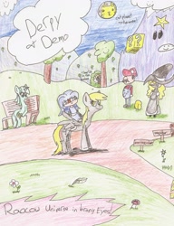 Size: 2496x3248 | Tagged: safe, artist:justanotherfan4, derpy hooves, lyra heartstrings, cat, pegasus, pony, ? block, an untitled story, cat planet, chargin' chuck, demo, female, kirisame marisa, mare, mario, raocow, super mario bros., super star, touhou