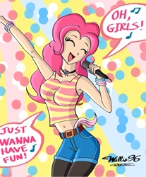 Size: 1084x1308 | Tagged: safe, artist:willisninety-six, pinkie pie, cyndi lauper, girls just wanna have fun, humanized, karaoke, singing, song reference