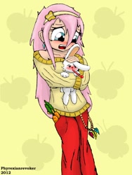 Size: 600x800 | Tagged: safe, artist:phyrexianrevoker, angel bunny, fluttershy, clothes, humanized, sweatershy