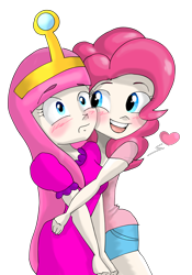 Size: 1968x2815 | Tagged: safe, artist:zorbitas, pinkie pie, adventure time, crossover, hug, humanized, princess bubblegum