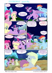 Size: 4958x7008 | Tagged: safe, artist:jeremy3, derpibooru import, derpy hooves, fluttershy, pinkie pie, rainbow dash, scootaloo, twilight sparkle, twilight sparkle (alicorn), alicorn, earth pony, pegasus, pony, comic:everfree, absurd resolution, comic, hug, magic, night