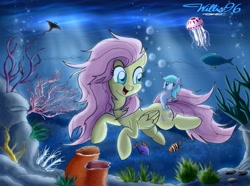 Size: 2977x2220 | Tagged: safe, artist:willisninety-six, fluttershy, fish, jellyfish, manta ray, pegasus, pony, sea pony, swimming, underwater, watershy