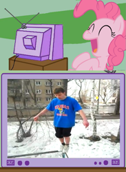 Size: 563x770 | Tagged: safe, pinkie pie, earth pony, pony, backflip fail, exploitable meme, fail, laughing, tv meme, youtube