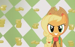 Size: 1680x1050 | Tagged: safe, screencap, applejack, earth pony, pony, the best night ever, bits, clothes, coin, dress, gala dress, grin, looking at you, money, solo