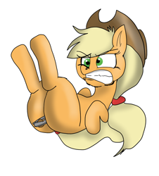 Size: 890x985 | Tagged: safe, artist:klondike, applejack, earth pony, pony, female, nutcracker, nuts, on back, plot, simple background, solo, walnut, wat