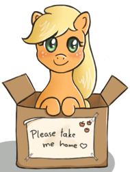 Size: 380x500 | Tagged: safe, applejack, earth pony, pony, adoption, blushing, box, cute, happy, hatless, jackabetes, leaning, looking at you, missing accessory, pony in a box, smiling, solo