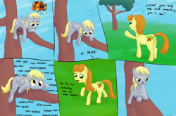 Size: 1593x1049 | Tagged: safe, artist:hoppip, artist:pyritie, carrot top, derpy hooves, golden harvest, earth pony, pegasus, pony, bedroom eyes, c:, captcha, comic, duo, female, frown, hungry, mare, open mouth, prone, smiling, tree, wat