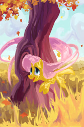 Size: 2299x3448 | Tagged: safe, artist:my-magic-dream, fluttershy, pegasus, pony, female, flying, impossibly long tail, mare, solo, tree