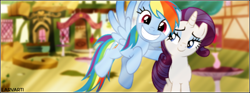 Size: 600x224 | Tagged: safe, artist:larvarti, derpibooru import, rainbow dash, rarity, pegasus, pony, unicorn, female, lesbian, photo, ponyville, raridash, shipping, smiling, vector