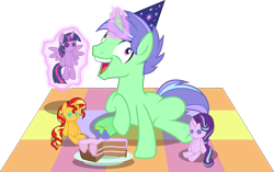 Size: 5595x3518 | Tagged: safe, artist:osipush, starlight glimmer, sunset shimmer, twilight sparkle, twilight sparkle (alicorn), oc, oc:space shift, alicorn, pony, unicorn, absurd resolution, blanket, cake, candle, dessert, fire, forever alone, glowing horn, happy birthday, hat, horn, i didn't listen, image macro, inkscape, magic, male, meme, open mouth, party hat, plate, plushie, raised hoof, solo, stallion, telekinesis