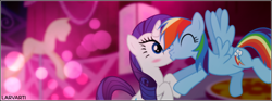 Size: 600x224 | Tagged: safe, artist:larvarti, derpibooru import, rainbow dash, rarity, pegasus, pony, unicorn, blushing, boutique, cute, female, kissing, lesbian, love, raridash, shipping, vector