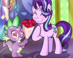 Size: 1110x888 | Tagged: safe, artist:dsana, spike, starlight glimmer, dragon, pony, unicorn, blushing, cute, female, flower, heart eyes, hoof on chest, in love, kiss mark, lipstick, male, mare, shipping, smiling, sparlight, straight, wingding eyes