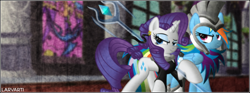 Size: 600x224 | Tagged: safe, artist:larvarti, derpibooru import, rainbow dash, rarity, pegasus, pony, unicorn, canterlot castle, castle, clothes, epic, female, gladiator, glare, helmet, lesbian, mare, raridash, shipping, smiling, vector, wand, warrior