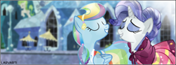 Size: 600x224 | Tagged: safe, artist:larvarti, derpibooru import, rainbow dash, rarity, crystal pony, pegasus, pony, unicorn, beautiful, clothes, crystal empire, dress, eyes closed, female, gala dress, glitter, happy, lesbian, mare, raridash, shipping, smiling, snooty, vector