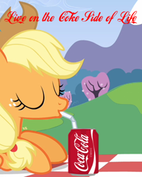 Size: 422x525 | Tagged: safe, applejack, earth pony, pony, coca-cola, drinking, drinking straw, eyes closed, female, mare, picnic blanket, solo, text, tree