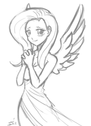 Size: 700x968 | Tagged: source needed, safe, artist:johnjoseco, fluttershy, human, cleavage, clothes, dress, female, grayscale, humanized, monochrome, side slit, winged humanization