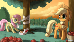 Size: 1500x857 | Tagged: safe, artist:johnjoseco, applejack, fluttershy, earth pony, pegasus, pony, apple, bandage, caring, female, freckles, grass, hat, innocent, mare, medic, sweat, sweet apple acres, tree