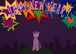 Size: 2500x1780 | Tagged: safe, derpibooru import, dusk shine, twilight sparkle, fireworks, happy new year, rule 63