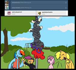 Size: 720x667 | Tagged: safe, applejack, ruby pinch, scootaloo, twist, earth pony, pony, bondage, hate mail for twist, mummification, pirate dash, pole tied, stalkerloo, tape bondage, upside down