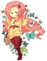 Size: 500x651 | Tagged: safe, artist:sailorpalin, fluttershy, clothes, female, humanized, pink hair, solo, winged humanization