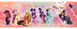 Size: 3900x1500 | Tagged: safe, artist:yummiestseven65, derpibooru import, alula, applejack, fluttershy, pinkie pie, pluto, princess erroria, rainbow dash, rarity, starlight glimmer, twilight sparkle, twilight sparkle (alicorn), alicorn, earth pony, pegasus, pony, unicorn, fame and misfortune, 4chan, anti-rarity, anti-rarity logo, anti-rarity sign, balloon, clothes, cross-popping veins, female, group, mane six, mare, rarity logo, rarity sign