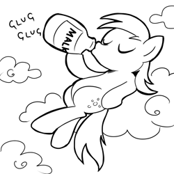 Size: 756x756 | Tagged: safe, artist:megasweet, derpy hooves, pegasus, pony, cloud, cloudy, drinking, eyes closed, female, hoof hold, lineart, malk, mare, milk, milk jug, monochrome, on back, solo, the simpsons