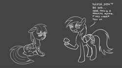 Size: 960x540 | Tagged: safe, artist:gabriev666, derpy hooves, wild fire, pegasus, pony, cheer up, female, mare, monochrome, muffin, replaced, sad, sibsy