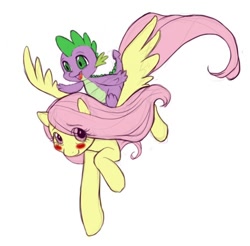 Size: 500x492 | Tagged: safe, artist:misskatto, artist:vaidg, fluttershy, spike, dragon, pegasus, pony, blushing, colored, dragons riding ponies, female, flutterspike, flying, male, mare, open mouth, open smile, riding, shipping, simple background, smiling, spikelove, straight, white background, wrong eye color