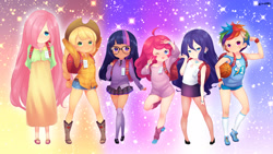 Size: 2560x1440 | Tagged: safe, artist:born-to-die, derpibooru import, applejack, fluttershy, pinkie pie, rainbow dash, rarity, twilight sparkle, human, abstract background, alternate hairstyle, anime, anime style, armband, armlet, backpack, basketball, boots, bracelet, braid, clothes, cowboy hat, cutie mark accessory, cutie mark on clothes, digital art, dress, earring, female, glasses, hair accessory, hair tie, hat, human female, humanized, jewelry, leg warmers, light skin, looking at you, mane six, moderate dark skin, multicolored hair, name tag, necklace, necktie, one eye closed, open mouth, patch, pom pom (clothes), randoseru, sandals, school uniform, shirt, shoes, short skirt, shorts, skirt, smiling, sneakers, socks, stetson, stockings, sweat, sweater dress, tongue out, wink, younger