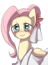 Size: 550x733 | Tagged: artist needed, safe, fluttershy, pegasus, pony, alternate hairstyle, blushing, clothes, crying, dress, female, happy, mare, simple background, solo, tears of joy, teary eyes, wedding dress, white background