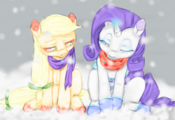 Size: 813x557 | Tagged: safe, artist:colorlesscupcake, applejack, rarity, earth pony, pony, unicorn, clothes, female, lesbian, rarijack, scarf, shipping