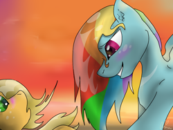 Size: 800x600 | Tagged: safe, artist:arianalovesyou, applejack, rainbow dash, earth pony, pegasus, pony, appledash, beach, blushing, female, lesbian, shipping, sunset