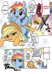 Size: 500x706 | Tagged: safe, artist:akira bano, applejack, rainbow dash, earth pony, pegasus, pony, comic, cute, japanese, moe, pixiv, pouting, translation